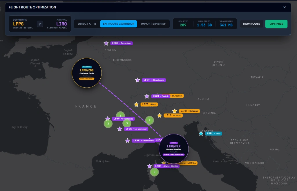 SceneryX Flight Route Scenery Optimization — Direct A-B, Corridor and SimBrief Modes