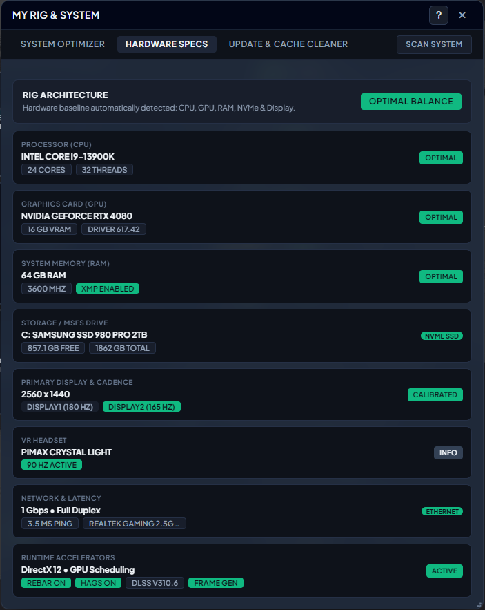 SceneryX Hardware Specs and Runtime Accelerators — CPU, GPU, RAM XMP, VR Headset and DLSS Telemetry